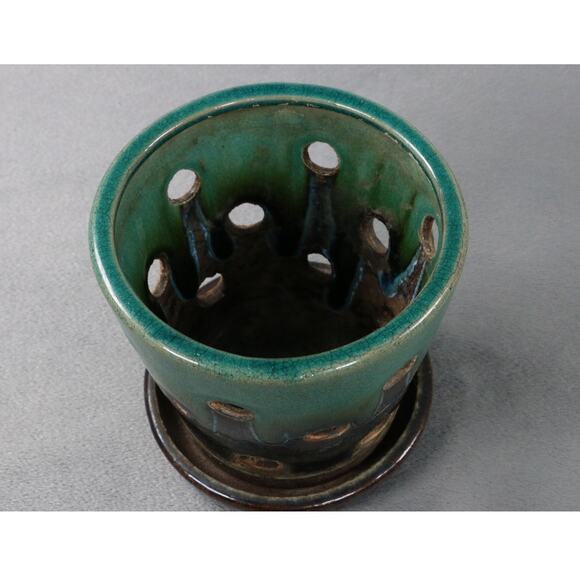 Vintage Handmade Ceramic Orchid Planter Pot w/ Drain Holes & Saucer Green Brown - Picture 2 of 8